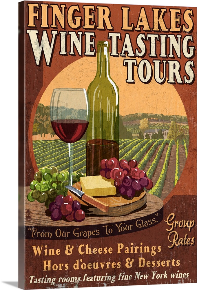 Finger Lakes, New York - Wine Tasting Vintage Sign: Retro Travel Poster