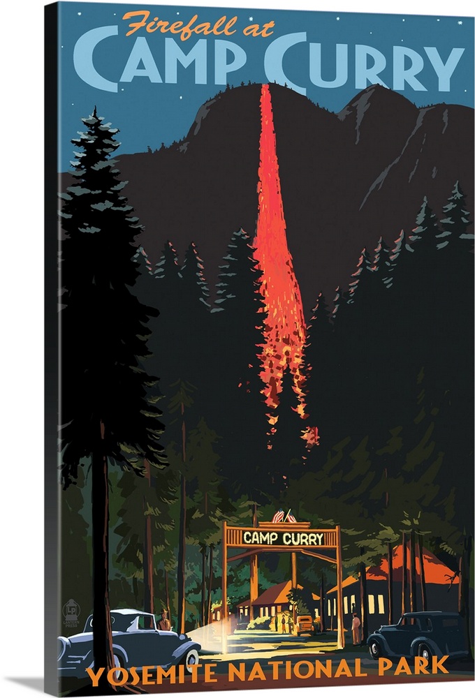 Firefall and Camp Curry - Yosemite National Park, California: Retro Travel Poster