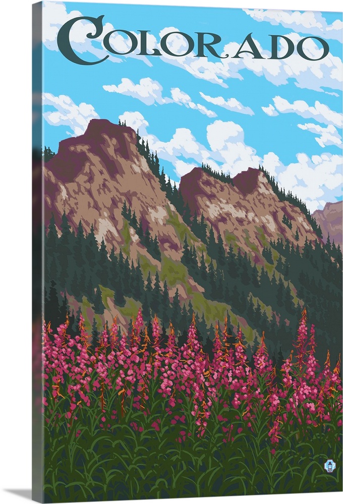 A stylized art poster of a wilderness landscape of wildflowers and mountain peaks covered with pine trees.