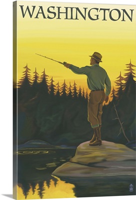Fisherman Casting - Washington: Retro Travel Poster