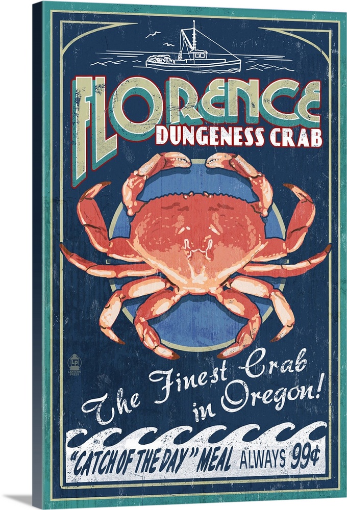 Retro stylized art poster of a vintage seafood market sign displaying a dungeness crab.