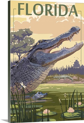 Florida - Alligator Scene: Retro Travel Poster