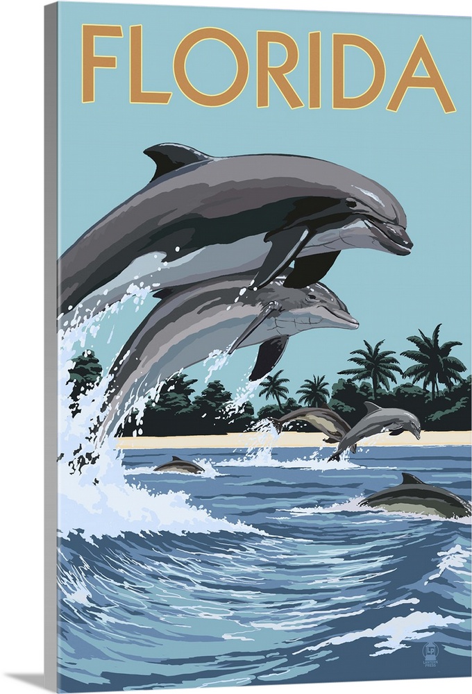 A stylized art poster of a bottle nose dolphins jumping in and out of the surf off the coast of a sandy beach.