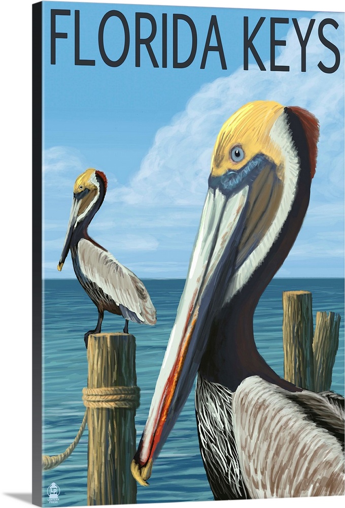 Florida Keys, Florida - Brown Pelican: Retro Travel Poster