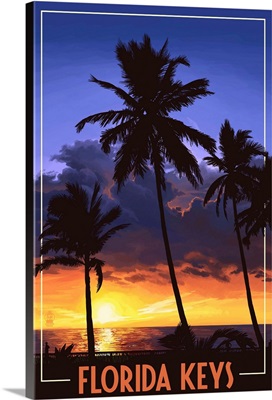 Florida Keys, Florida - Palms and Sunset: Retro Travel Poster