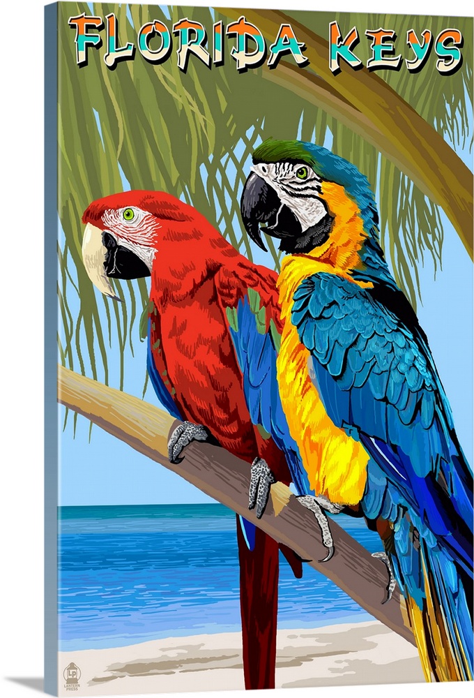 Florida Keys, Florida - Parrots: Retro Travel Poster