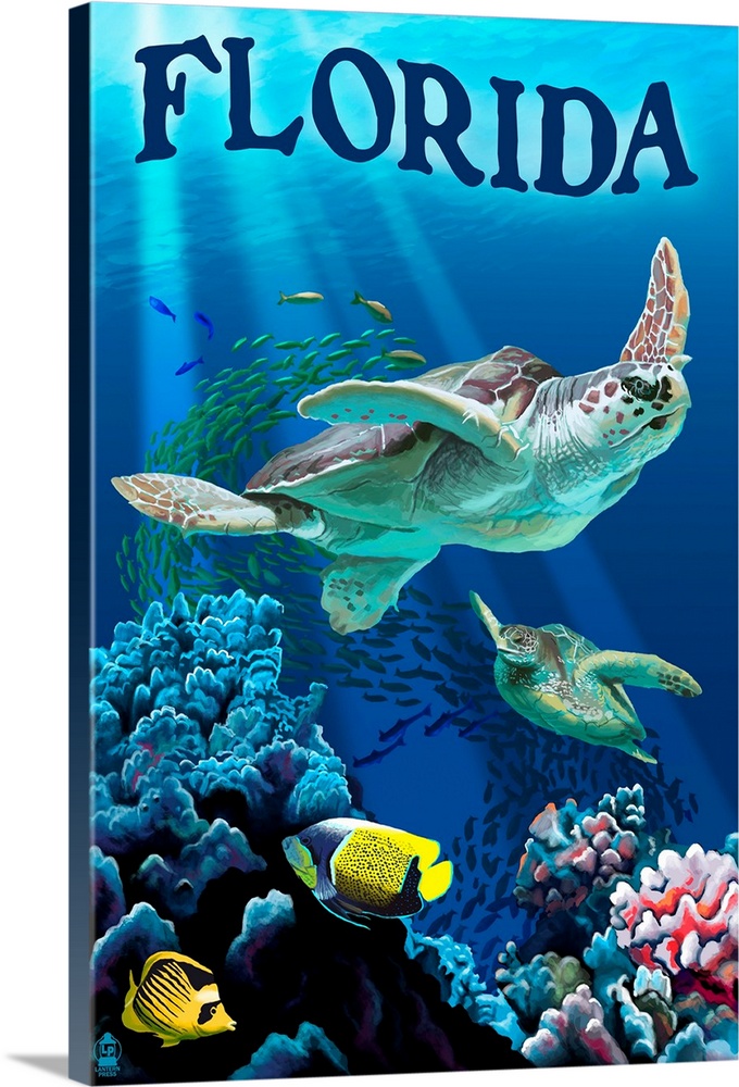 Retro stylized art poster of a sea turtles swimming in the ocean, near small tropical fish and coral.