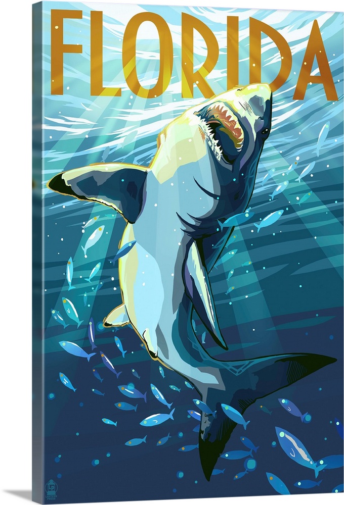 A stylized art poster of a great white shark writhing underwater through a school of fish.