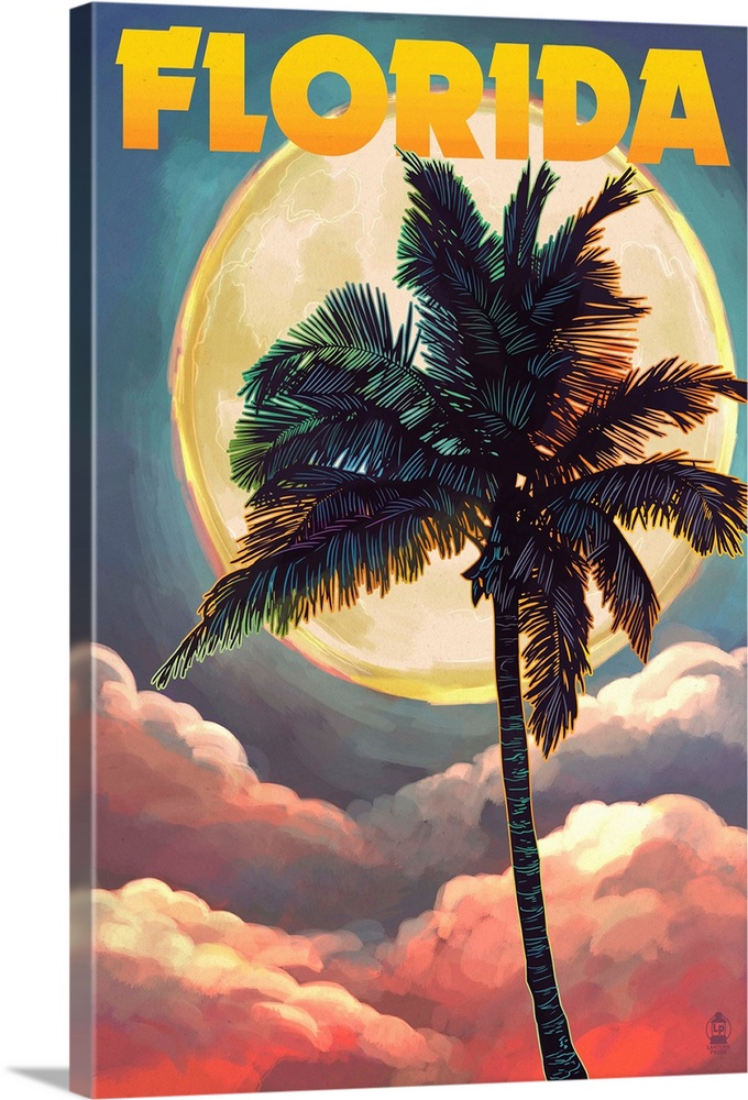 Florida - Sunset and Palm Tree: Retro Travel Poster