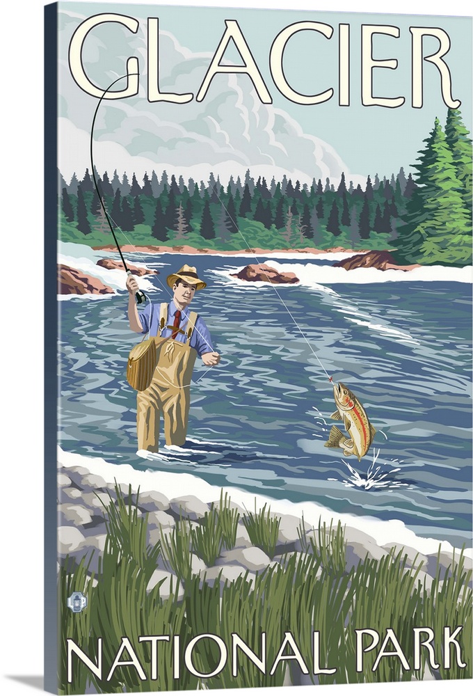 Fly Fisherman - Glacier National Park, Montana: Retro Travel Poster | Large Solid-Faced Canvas Wall Art Print | Great Big Canvas