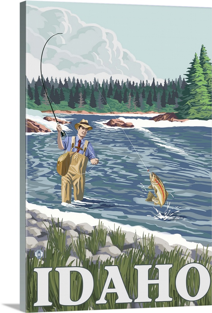 Fly Fisherman - Idaho: Retro Travel Poster