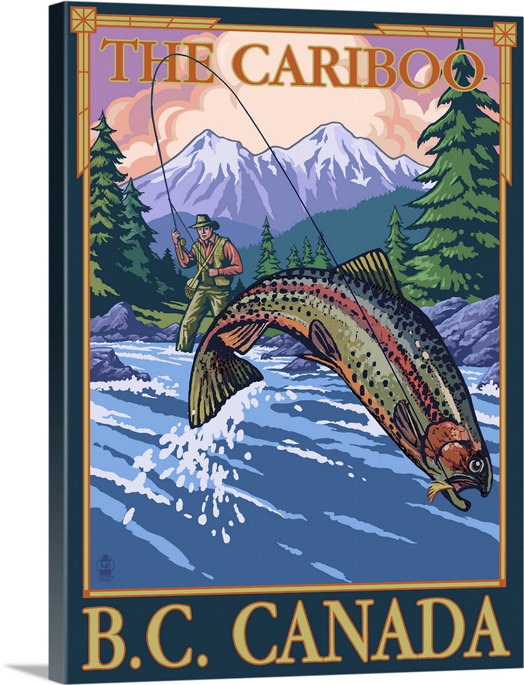 Retro stylized art poster of a fisherman catching a fish in a river. With mountains in the background.