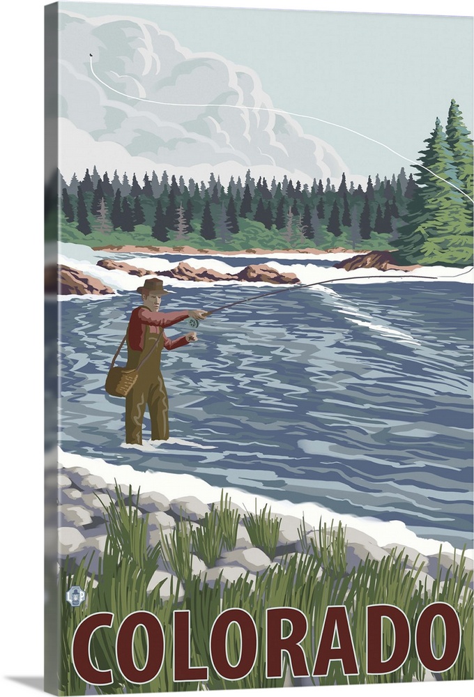 Fly Fishing Scene - Colorado: Retro Travel Poster | Large Solid-Faced Canvas Wall Art Print | Great Big Canvas