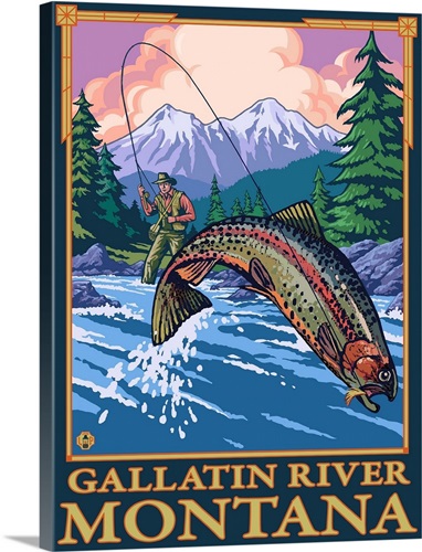 Fly Fishing Scene - Gallatin River, Montana: Retro Travel Poster  Solid-Faced Canvas Print