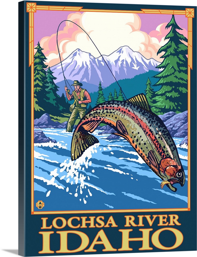 Fly Fishing Scene - Lochsa River, Idaho: Retro Travel Poster