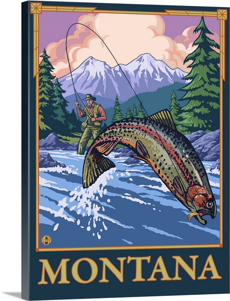 Fly Fishing Scene - Montana: Retro Travel Poster Wall Art, Canvas