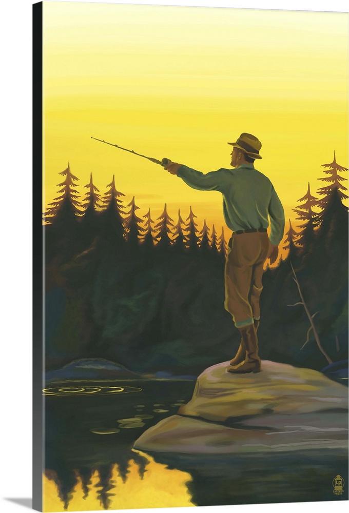 Fly Fishing Scene: Retro Poster Art Solid-Faced Canvas Print
