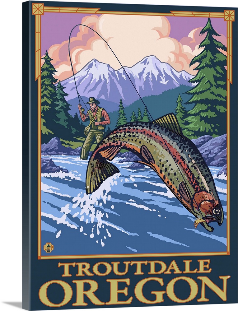 Fly Fishing Scene - Troutdale, Oregon: Retro Travel Poster