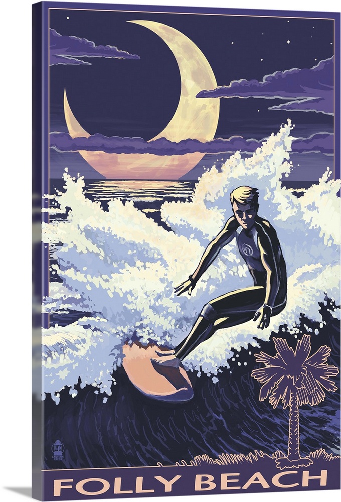 Folly Beach, SC - Surfer with Palmetto Moon: Retro Travel Poster