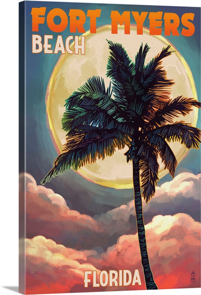 Fort Myers Beach, Florida - Palms and Moon Sunset: Retro Travel Poster