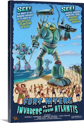 Fort Myers, Florida - Fort Myers vs. Atlantean Invaders: Retro Travel Poster
