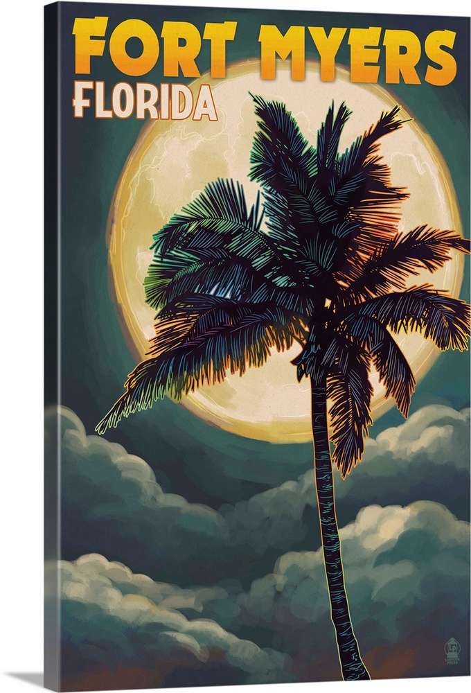 Fort Myers, Florida - Palms and Moon: Retro Travel Poster