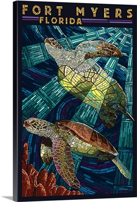 Fort Myers, Florida - Sea Turtle Paper Mosaic: Retro Travel Poster