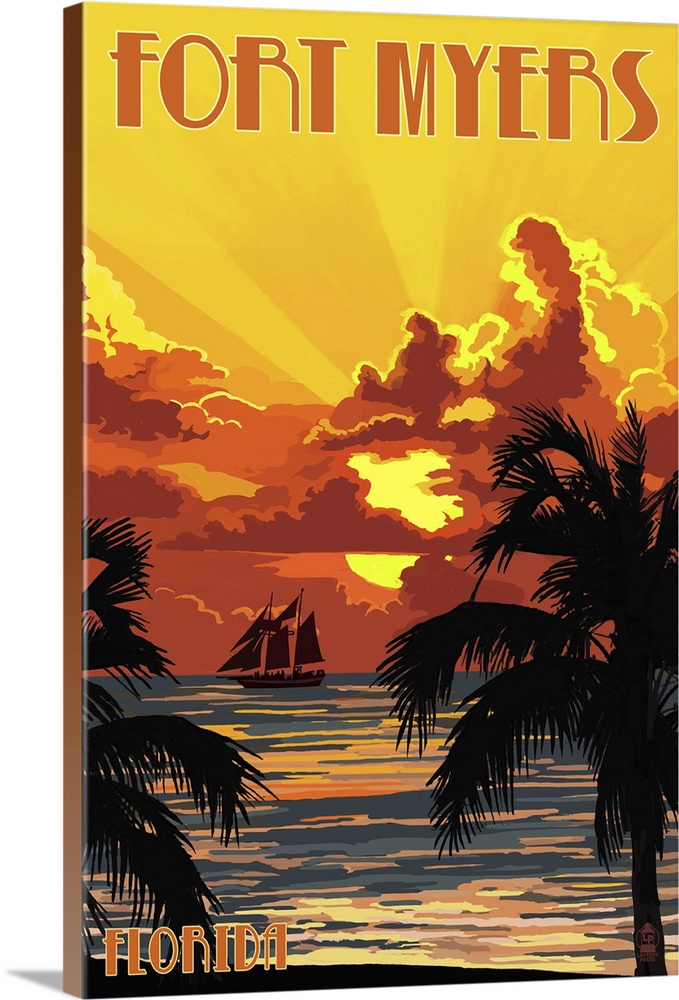 Fort Myers, Florida - Sunset and Ship: Retro Travel Poster