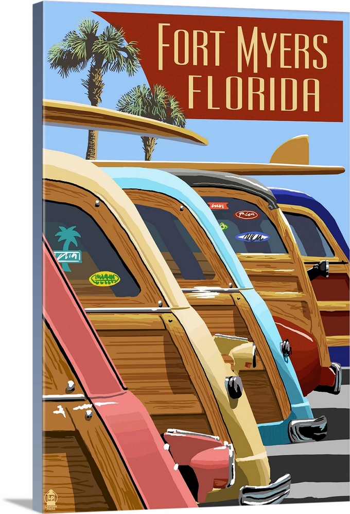 Fort Myers, Florida - Woodies Lined Up: Retro Travel Poster