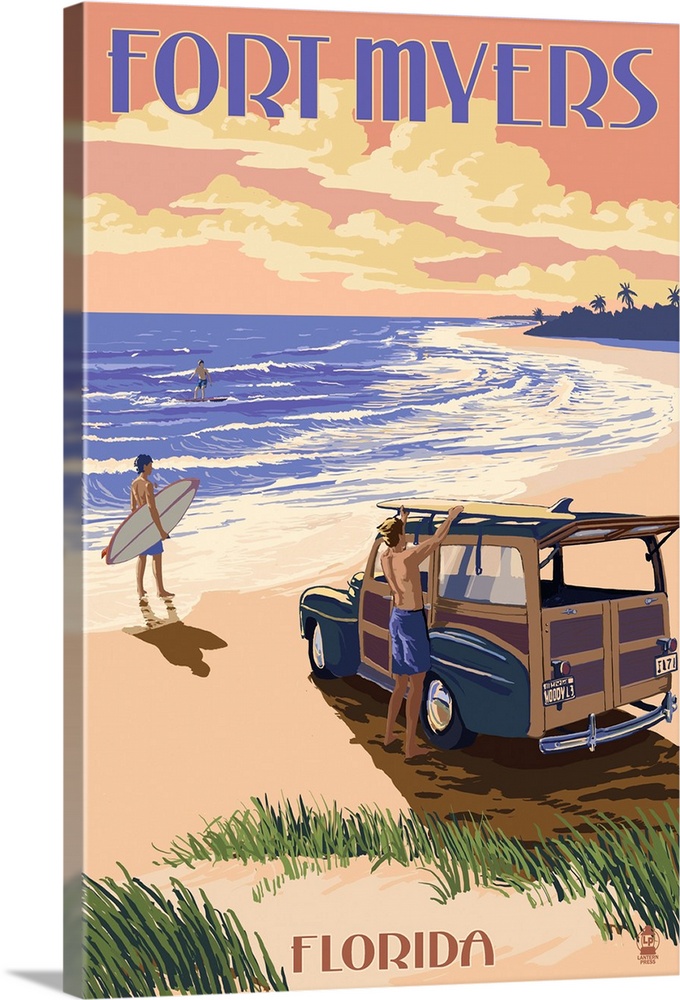 Fort Myers, Florida - Woody On The Beach: Retro Travel Poster