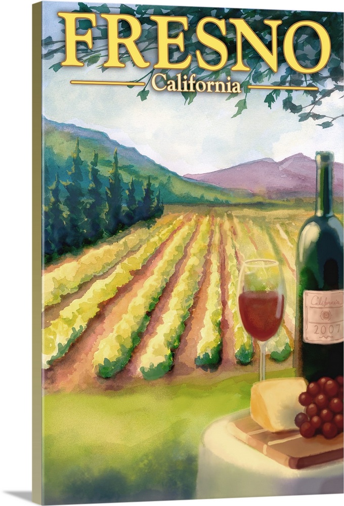 Stylized art poster made to look like a watercolor painting of a vineyard at the foot of slow mountains with a plate of ch...
