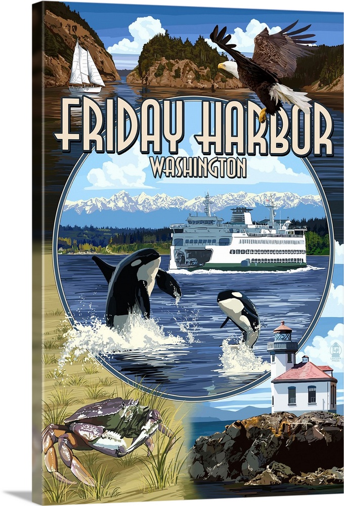 Retro stylized art poster of a montage of different images, including whales, an eagle, and a lighthouse.
