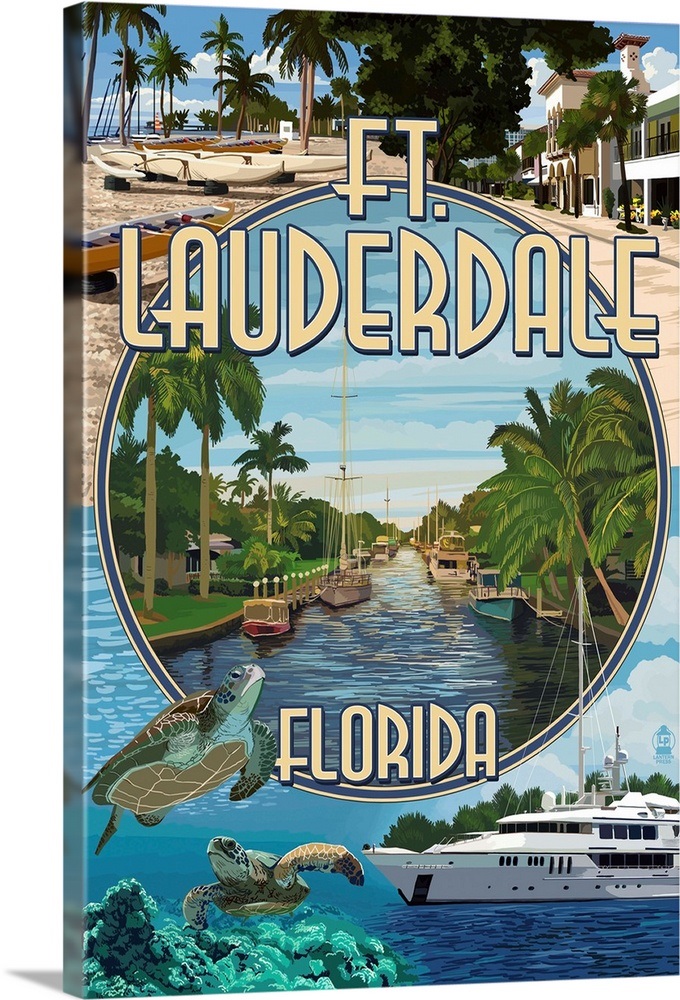 Ft. Lauderdale, Florida Montage Retro Travel Poster Wall Art, Canvas