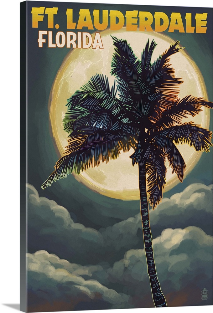 Ft. Lauderdale, Florida - Palms and Moon: Retro Travel Poster