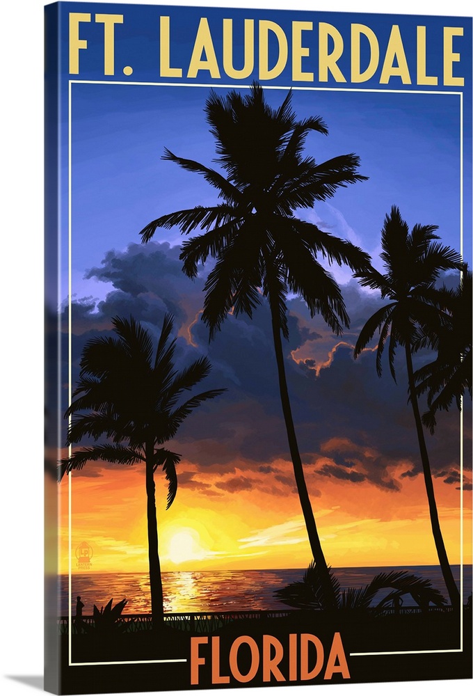 Ft. Lauderdale, Florida - Palms and Sunset: Retro Travel Poster