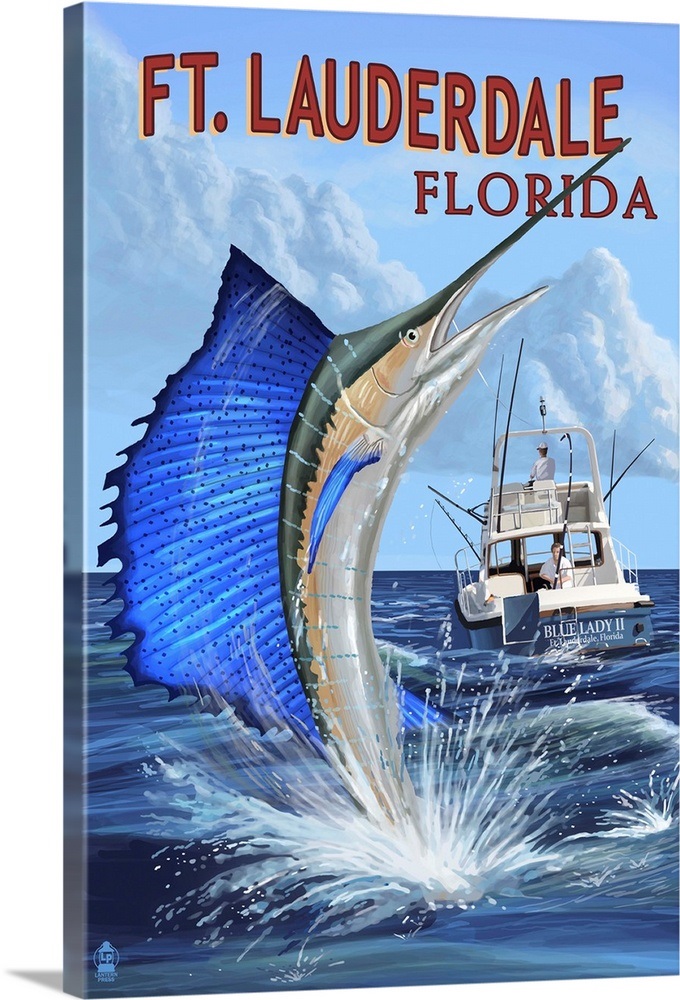 Ft. Lauderdale, Florida Sailfish Scene Retro Travel Poster Wall Art