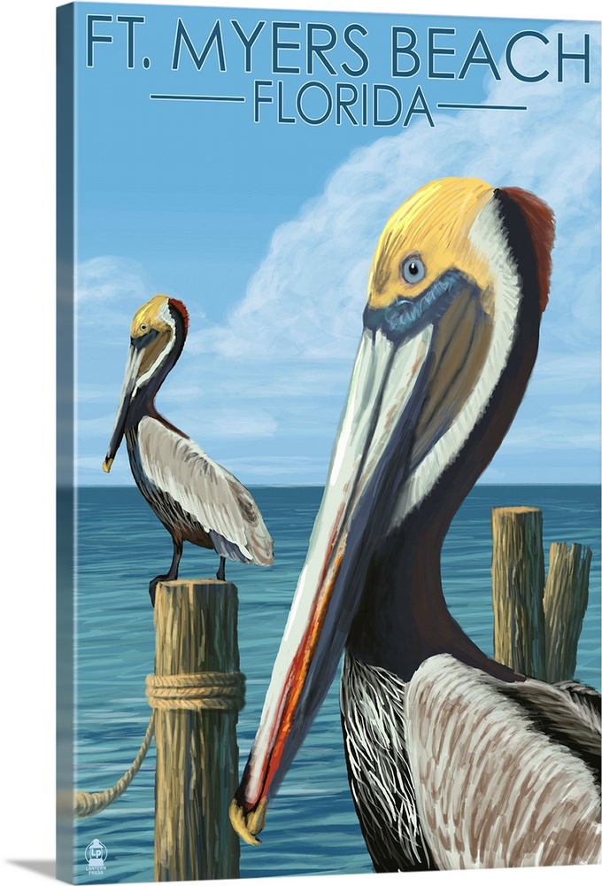 Retro stylized art poster of two pelicans perched on wooden poles in the water.