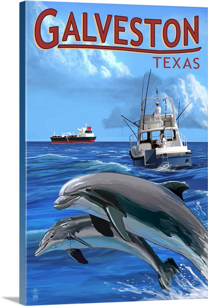 Galveston, Texas, Fishing Boat with Freighter and Dolphins