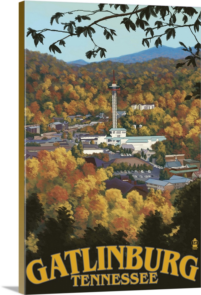 Gatlinburg, Tennessee Town Scene: Retro Travel Poster