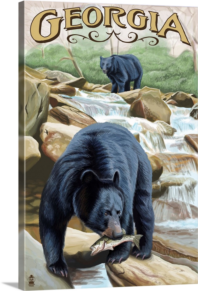 Retro stylized art poster of a black bear in the wild.