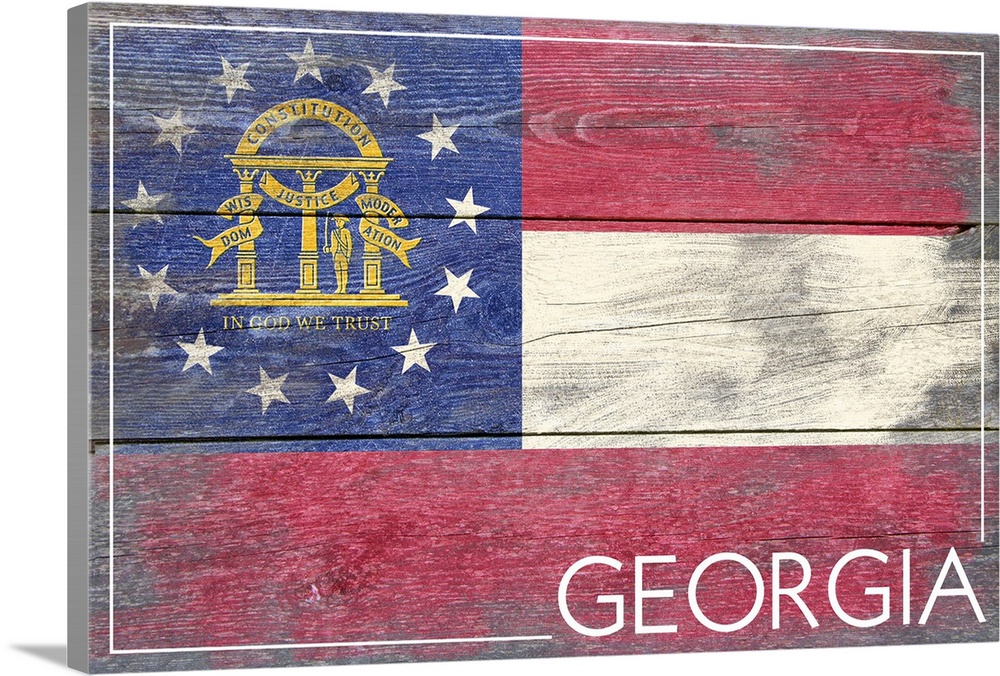 The flag of Georgia with a weathered wooden board effect.