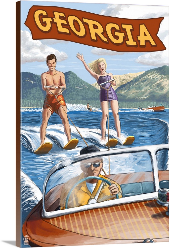Retro stylized art poster of a happy couple waterskiing, being pulled by a wooden speed boat.