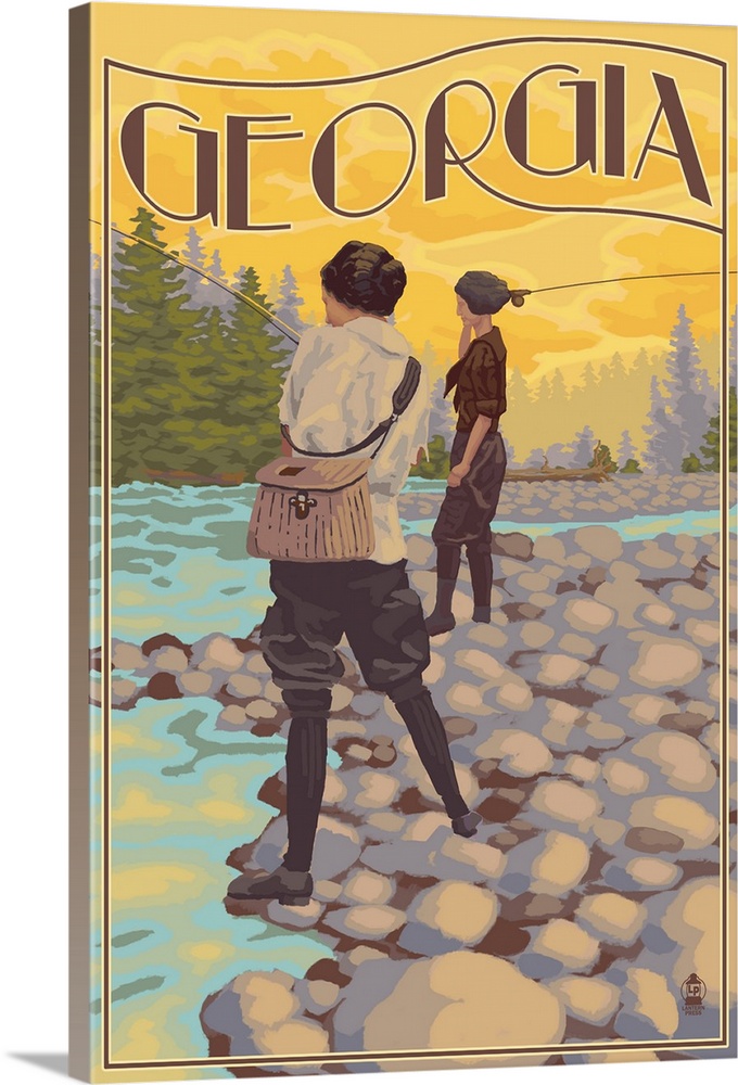 Retro stylized art poster of two women by a river fly fishing.