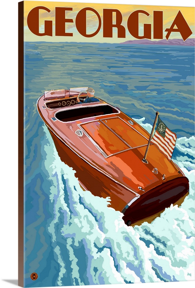 Retro stylized art poster of a wooden speed boat on the water.