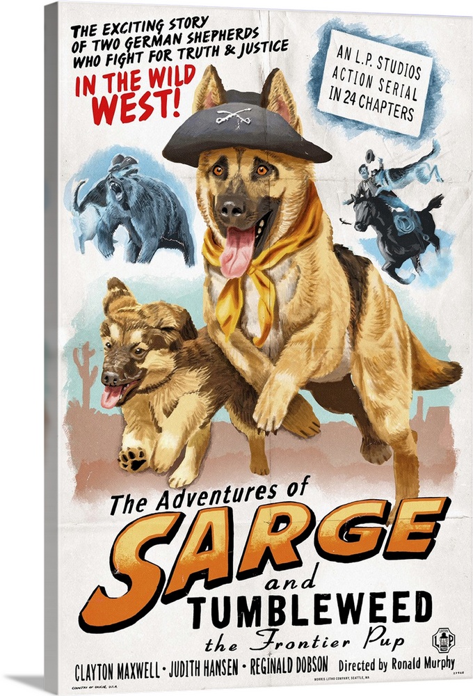 Parody retro advertisement featuring a German Shepherd dog and pup as stars of a Western.