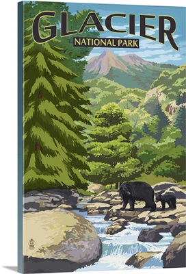 Glacier National Park, Bear And Cub: Retro Travel Poster