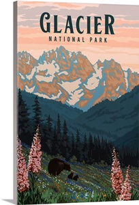 Glacier National Park, Bear and Cubs: Retro Travel Poster image thumbnail