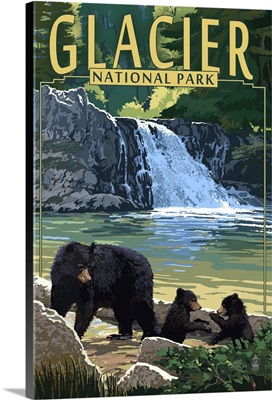 Glacier National Park, Bear Family and Waterfall