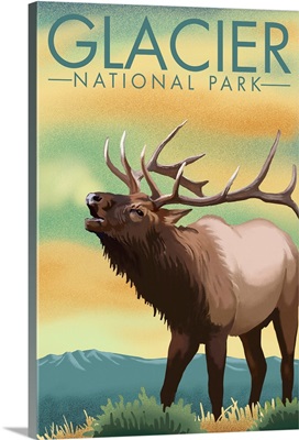 Glacier National Park, Deer Bellowing: Retro Travel Poster
