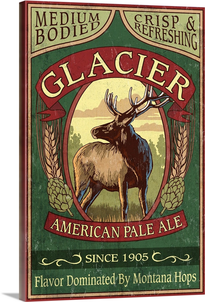 Glacier National Park - Elk Pale Ale Vintage Sign: Retro Travel Poster